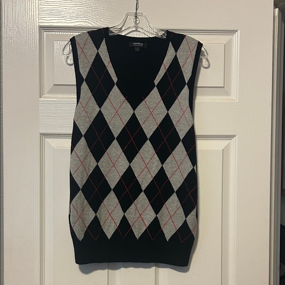 Express Sweaters - Express Black, gray and red Sweater Vest. Cotton merino wool. Small.